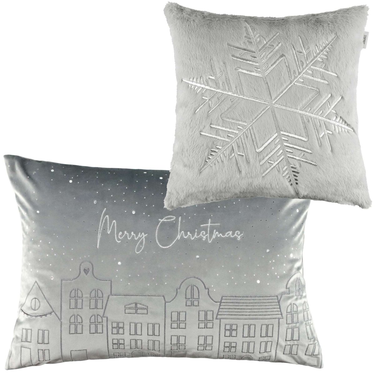 2er Set Kissenhüllen – Häuser 40x60 cm & Schneeflocke 38x38 cm – Gestickt, Winter Design – Bild 2