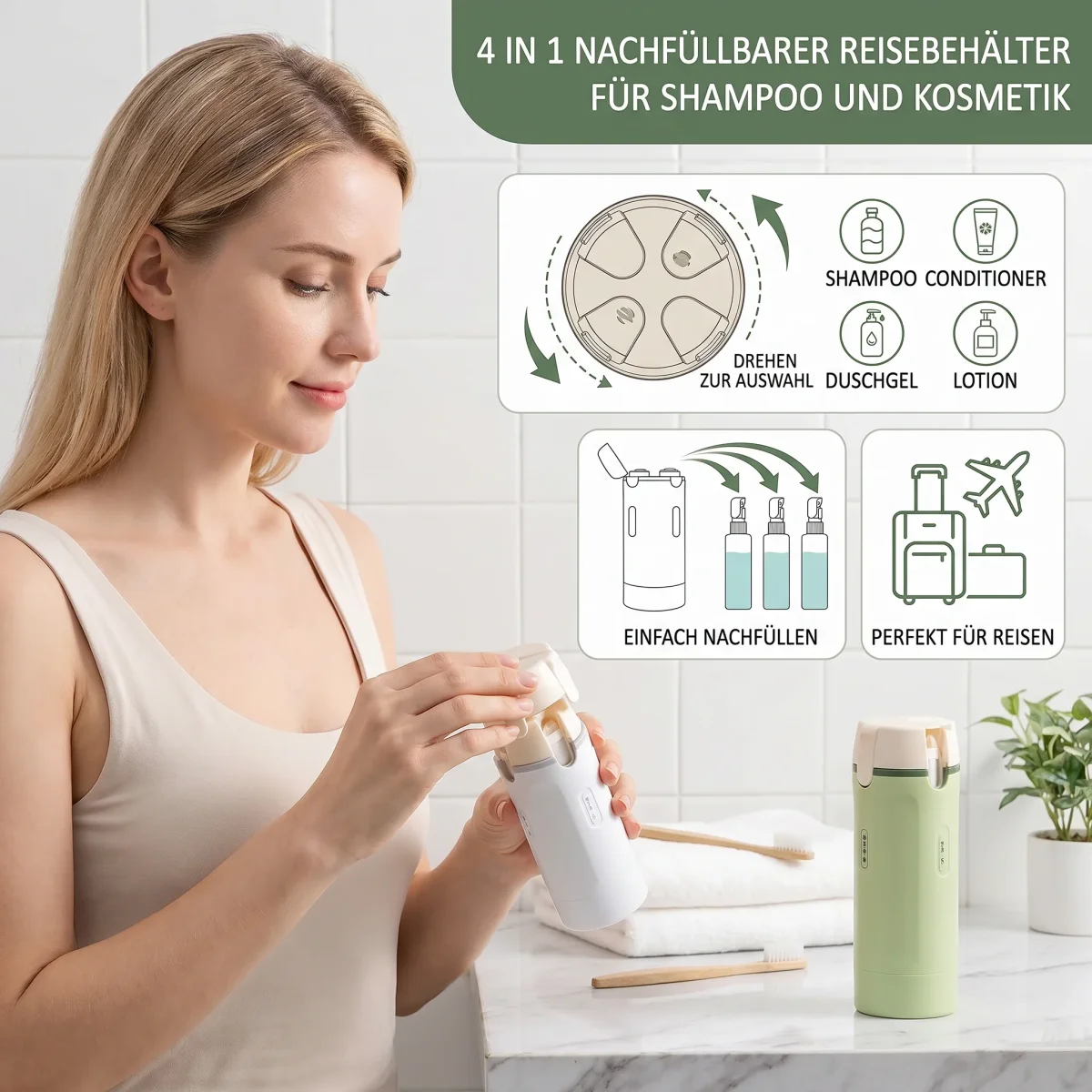 4 in 1 nachfüllbare Reisebehälter für Shampoo und Kosmetik – Bild 4